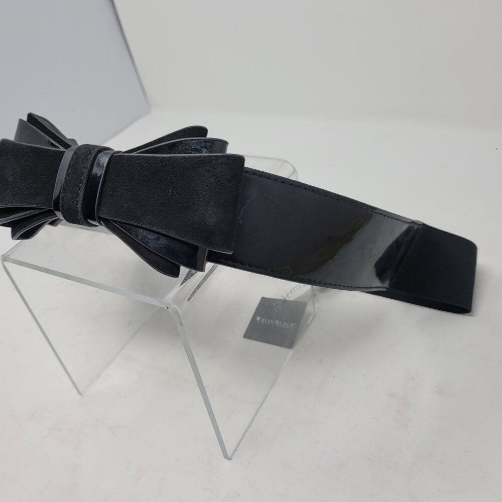 WHBM Belt Sz L Black Suede Patent Leather 3D Bow Statement Stretch Cincher Glam - Picture 6 of 10